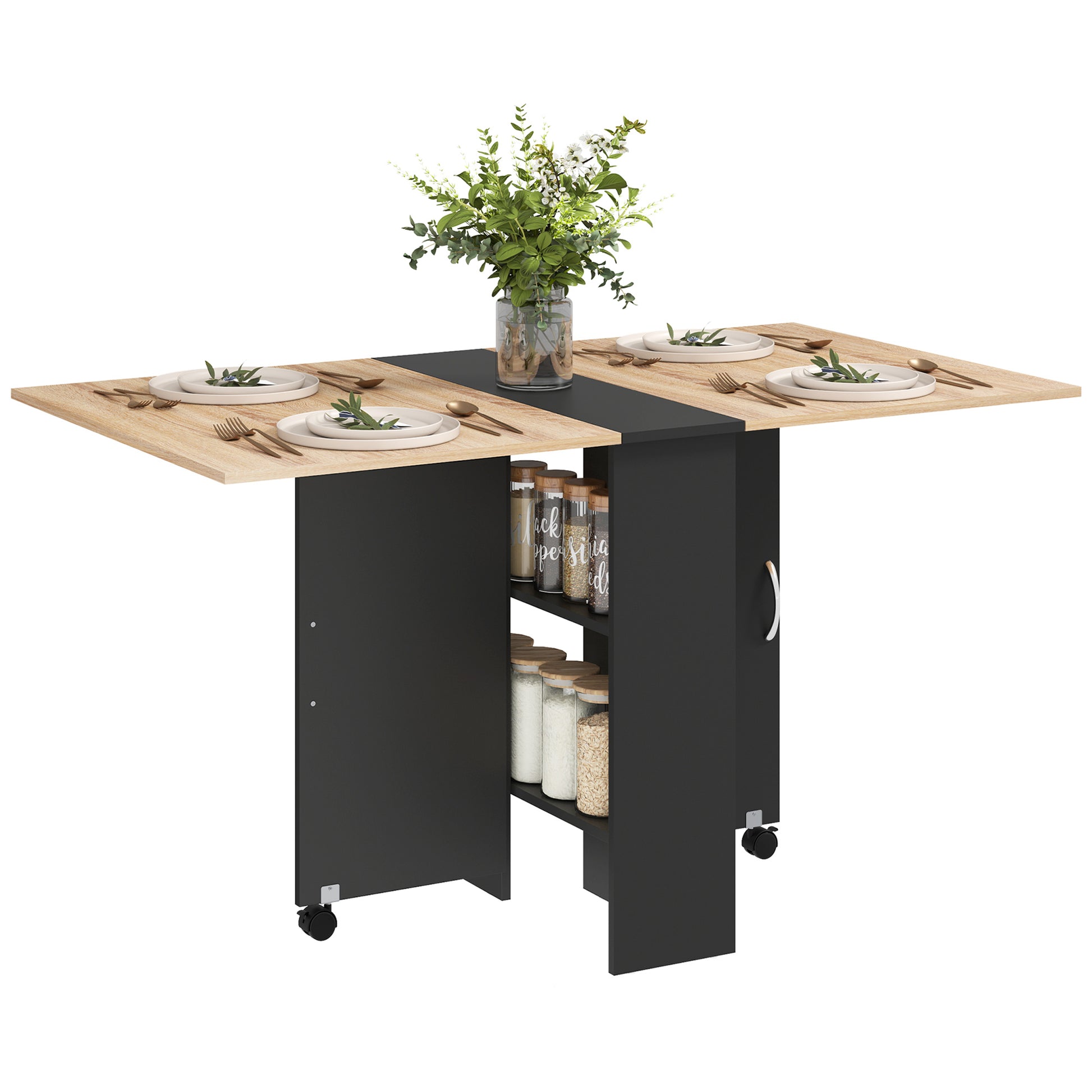 Folding Dining Table Kitchen Table with Wheels Foldable Wings and Shelves for 4-6 People 29.5x55x29 inches Natural and Black