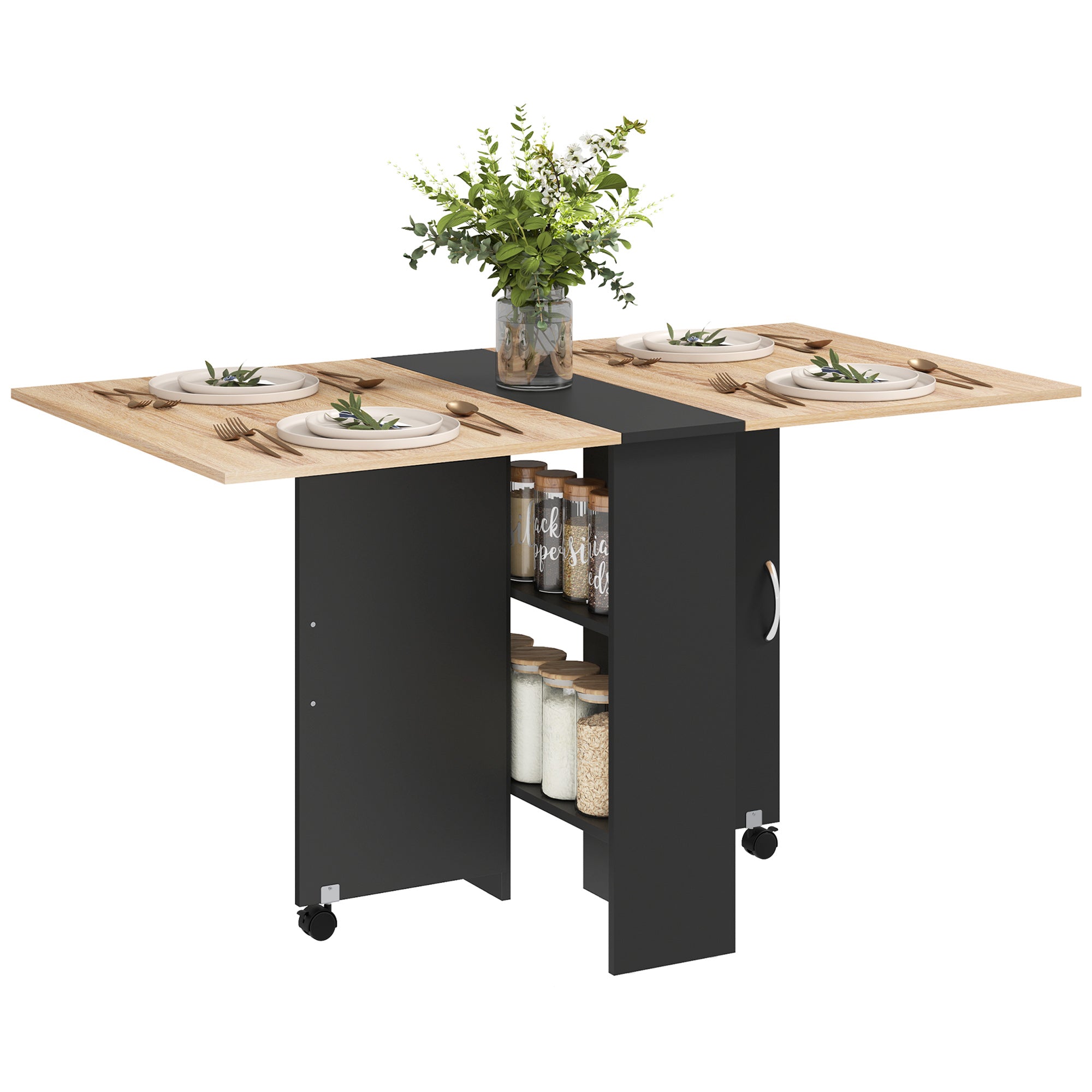 Folding Dining Table Kitchen Table with Wheels Foldable Wings and Shelves for 4-6 People 29.5x55x29 inches Natural and Black