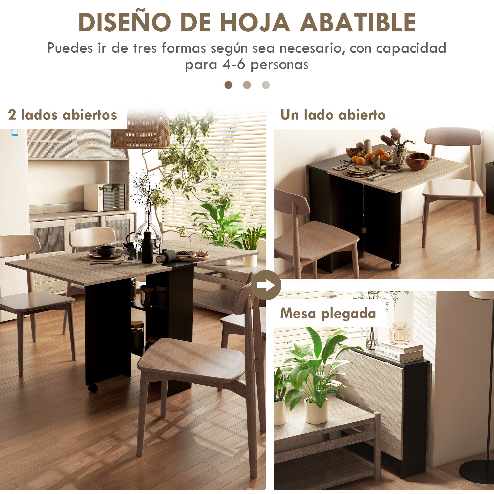Folding Dining Table Kitchen Table with Wheels Foldable Wings and Shelves for 4-6 People 29.5x55x29 inches Natural and Black