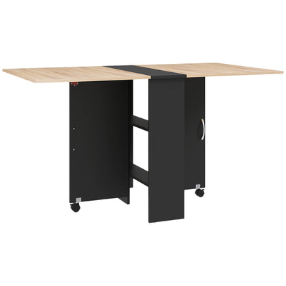 Folding Dining Table Kitchen Table with Wheels Foldable Wings and Shelves for 4-6 People 29.5x55x29 inches Natural and Black