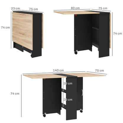 Folding Dining Table Kitchen Table with Wheels Foldable Wings and Shelves for 4-6 People 29.5x55x29 inches Natural and Black
