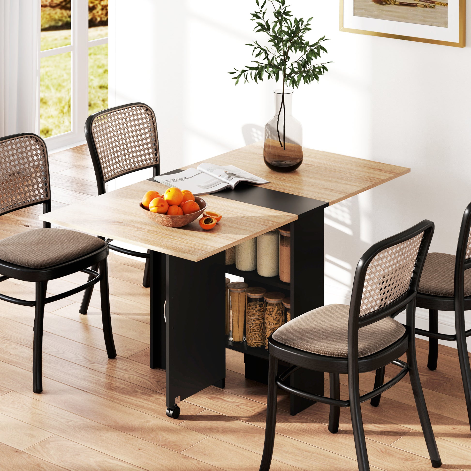 Folding Dining Table Kitchen Table with Wheels Foldable Wings and Shelves for 4-6 People 29.5x55x29 inches Natural and Black