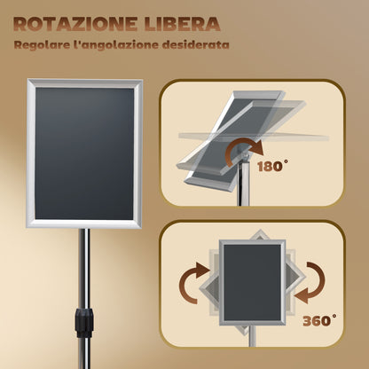 A3 Poster Stand with Adjustable Height and Tilt, Floor Display Stand in Steel and Aluminum, 45x30x85-135 cm, Silver