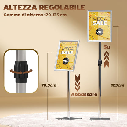 A3 Poster Stand with Adjustable Height and Tilt, Floor Display Stand in Steel and Aluminum, 45x30x85-135 cm, Silver