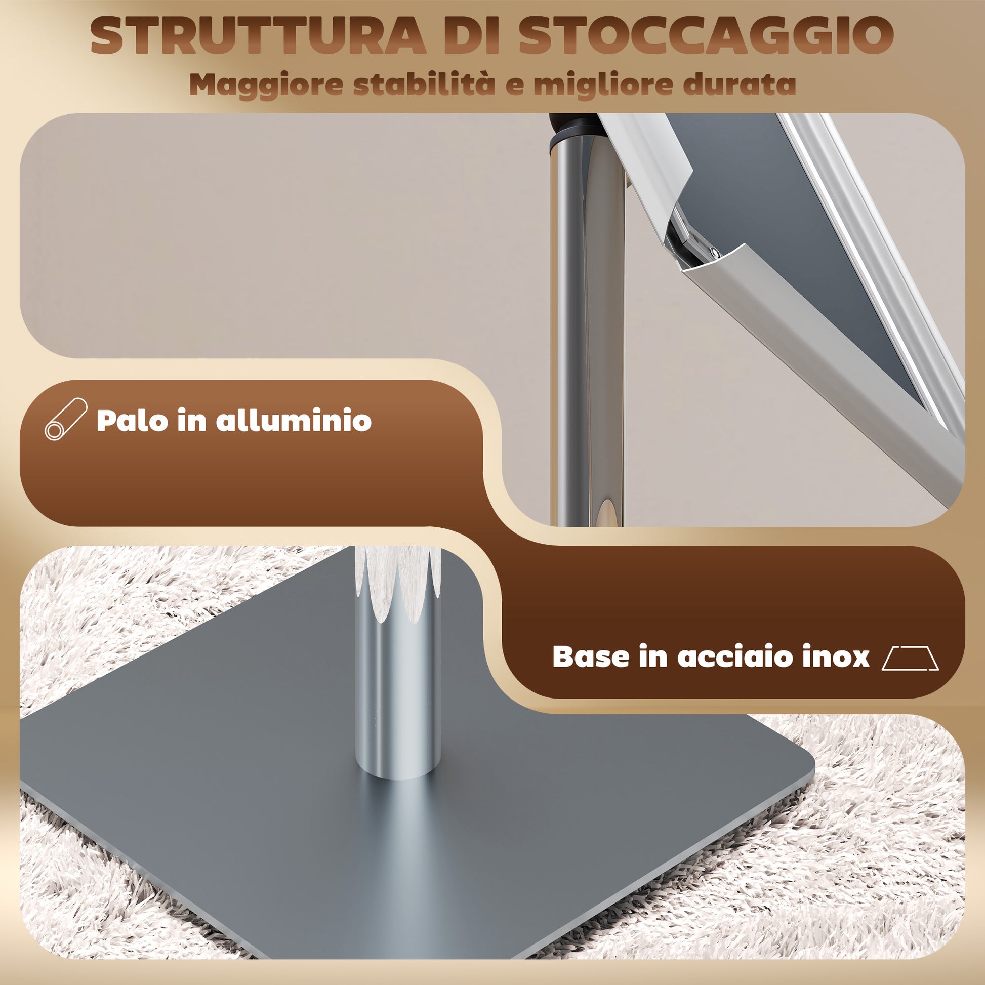 A3 Poster Stand with Adjustable Height and Tilt, Floor Display Stand in Steel and Aluminum, 45x30x85-135 cm, Silver