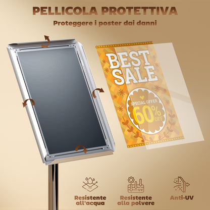 A3 Poster Stand with Adjustable Height and Tilt, Floor Display Stand in Steel and Aluminum, 45x30x85-135 cm, Silver