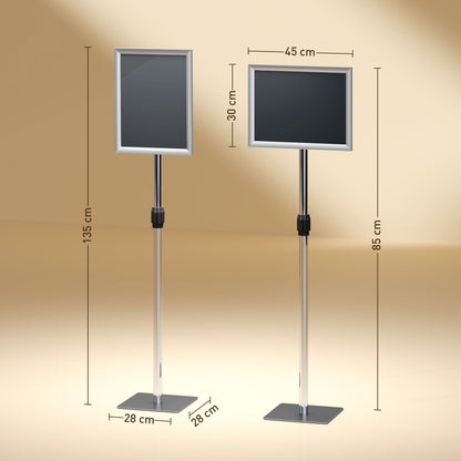 A3 Poster Stand with Adjustable Height and Tilt, Floor Display Stand in Steel and Aluminum, 45x30x85-135 cm, Silver