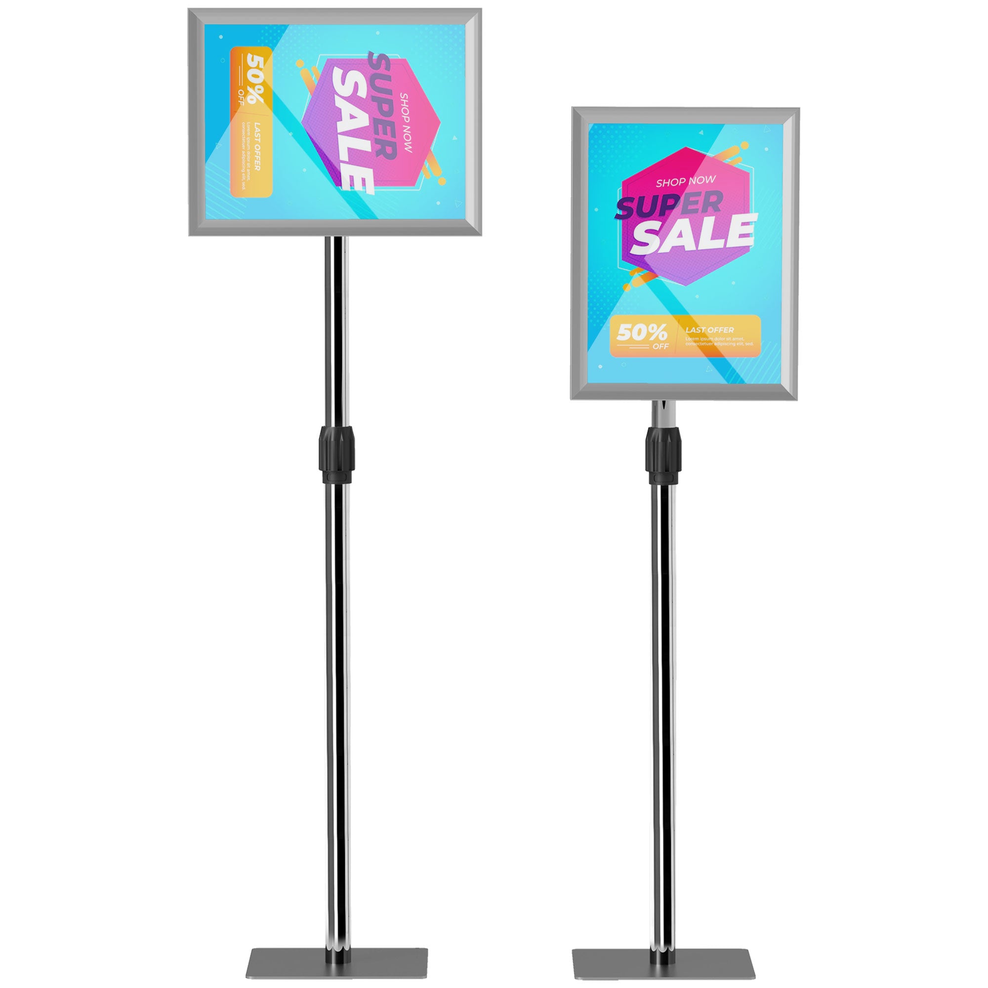 A3 Poster Stand with Adjustable Height and Tilt, Floor Display Stand in Steel and Aluminum, 45x30x85-135 cm, Silver