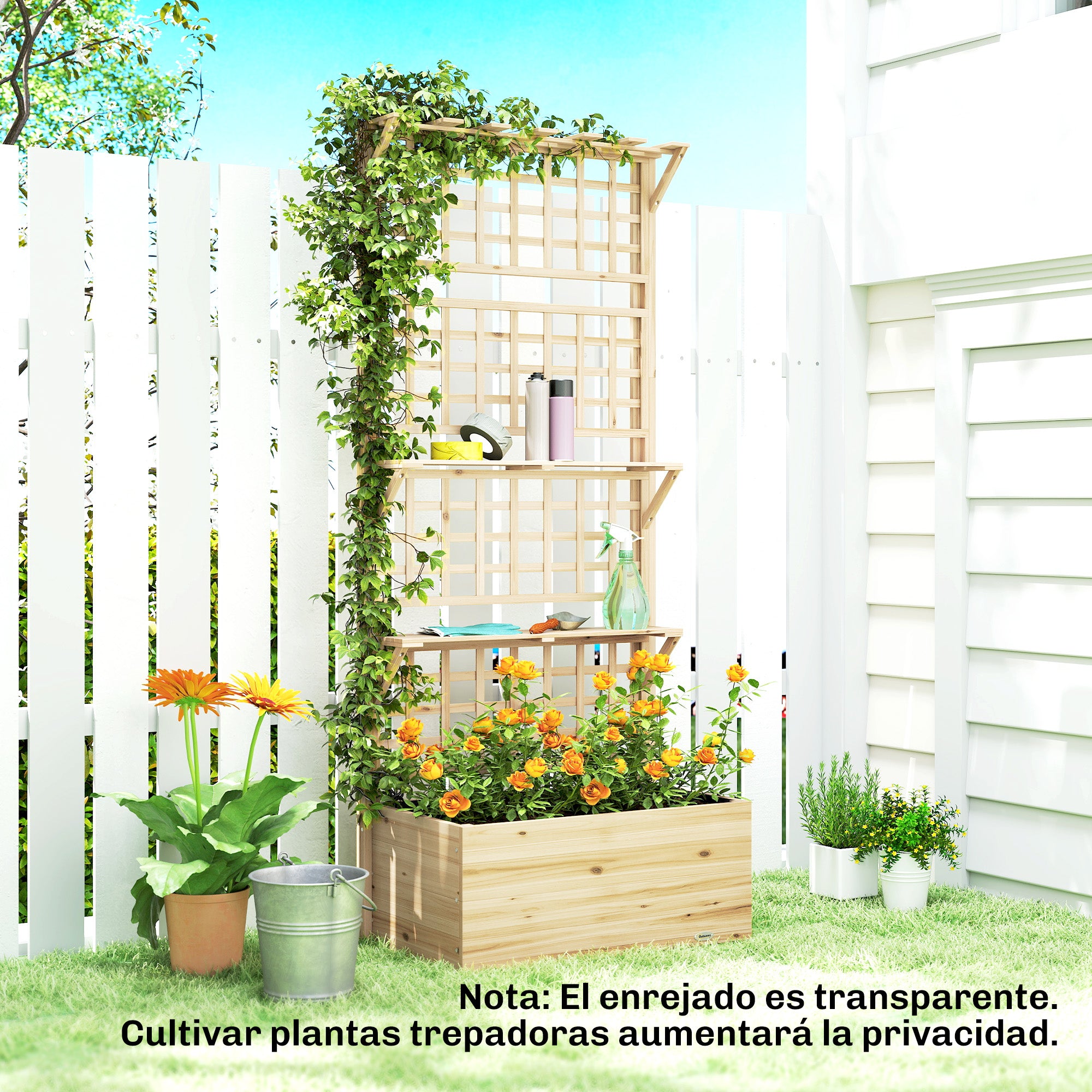 Raised Wooden Planter with Trellis & Roof, Large Outdoor Spruce Planter for Climbing Plants, 2 Shelves, Drainage & Liner, 76 x 43.5 x 177 cm (29.9 x 17.1 x 69.7 in), Natural