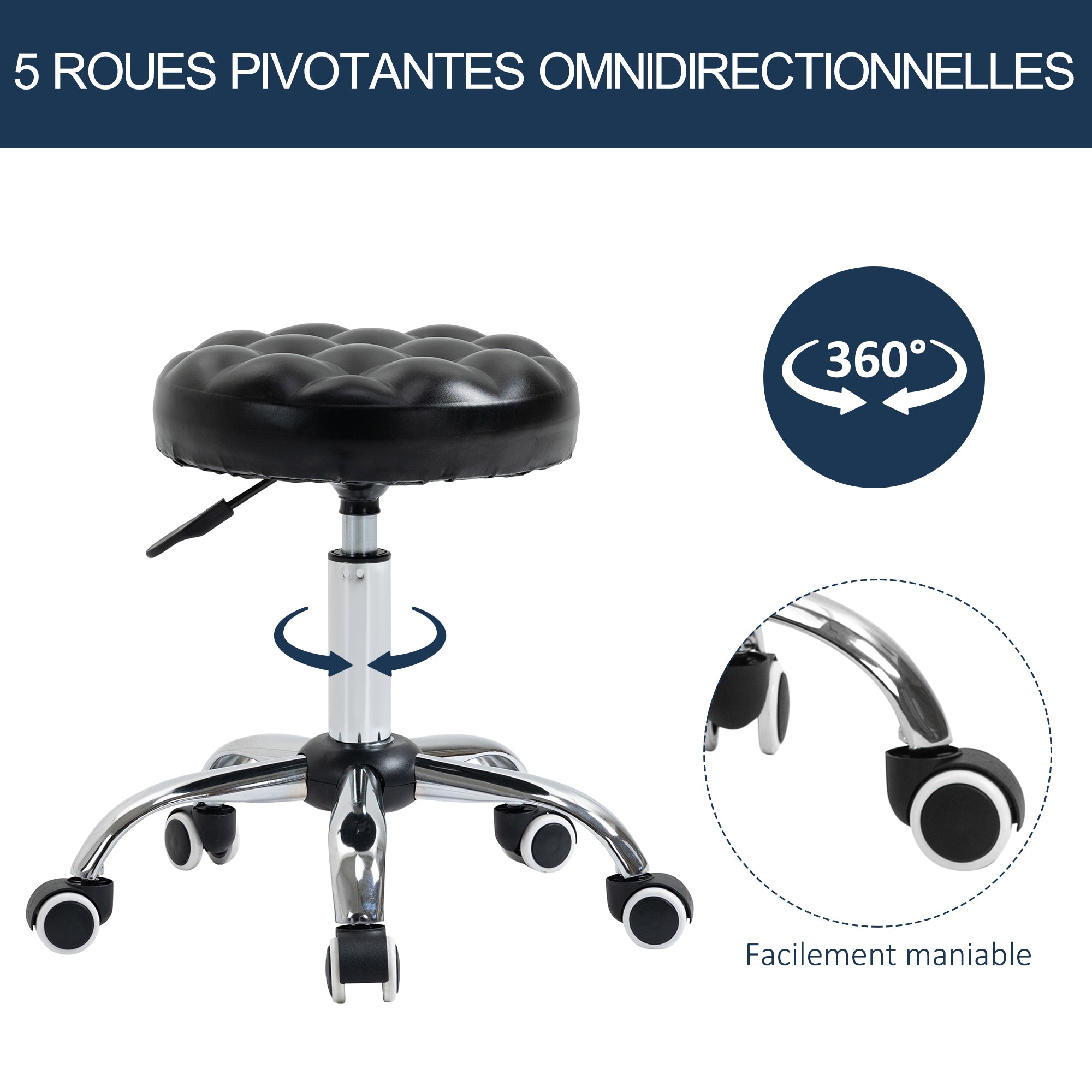 Adjustable Height Swivel 360° Round Massage Stool with Padded Synthetic Upholstery, Black