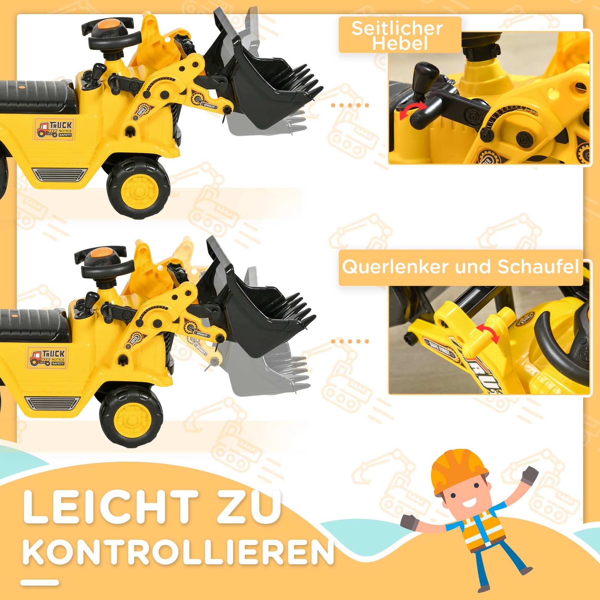 Seat Excavator with Built-in Storage Compartment Kids Ride-on Tractor Kids Digger with Horn Slider Digger Vehicle Wheel Yellow+Black 80 x 26.5 x 39 cm