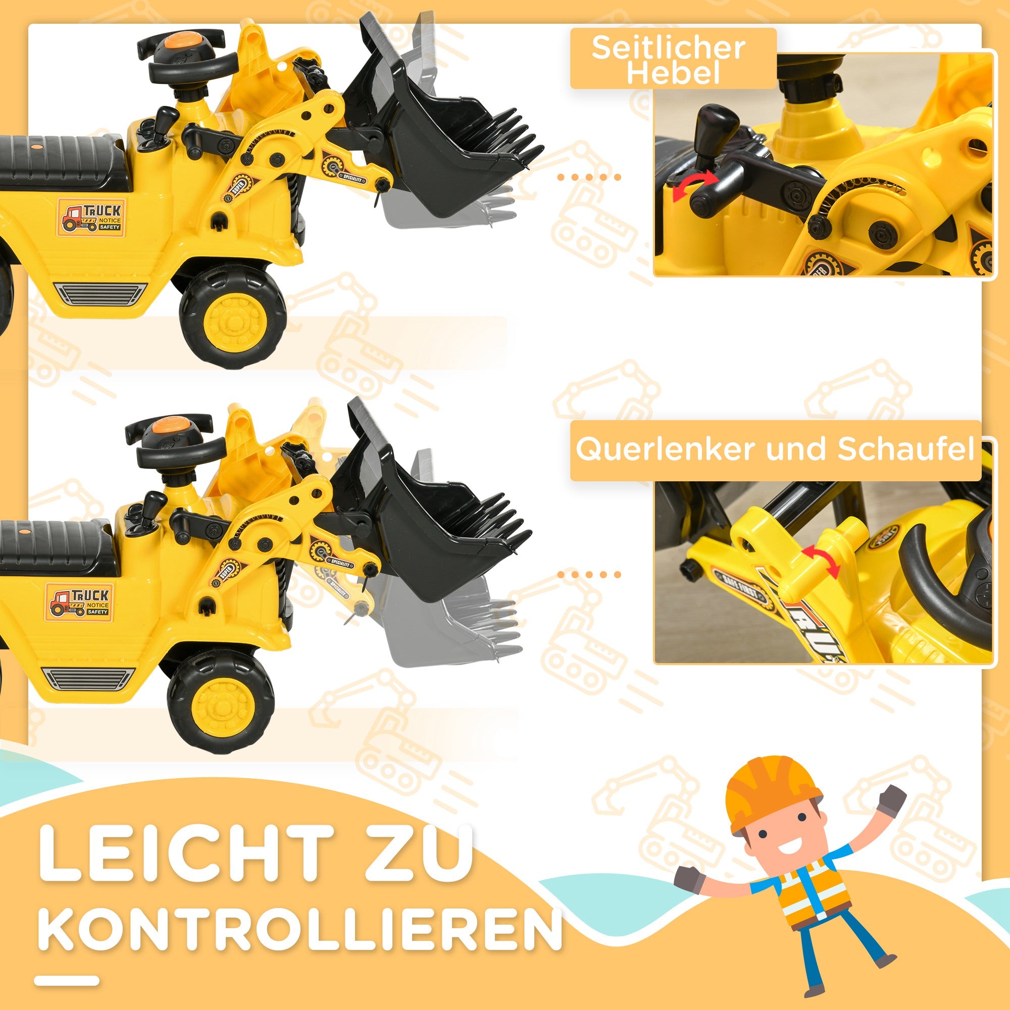 Seat Excavator with Built-in Storage Compartment Kids Ride-on Tractor Kids Digger with Horn Slider Digger Vehicle Wheel Yellow+Black 80 x 26.5 x 39 cm