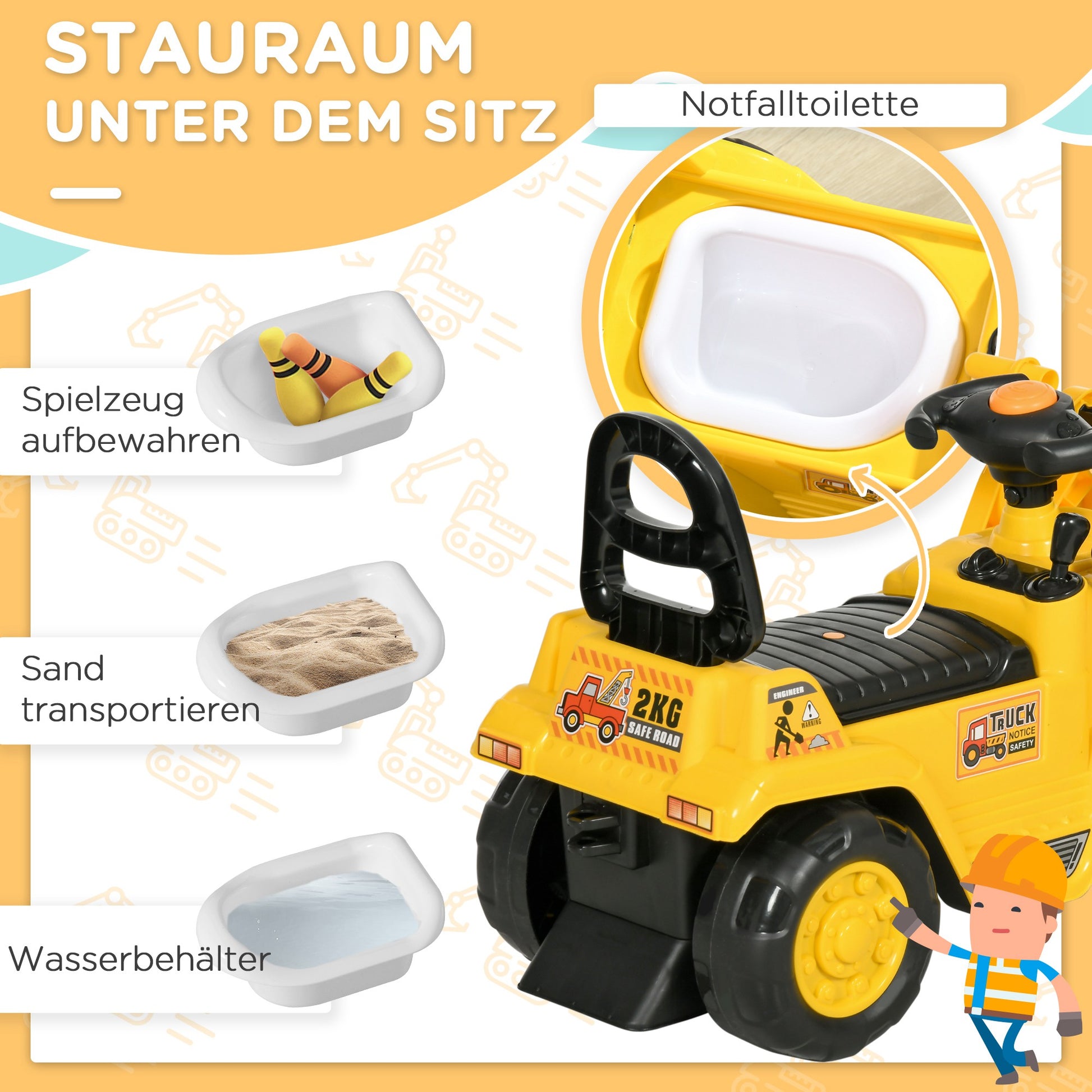 Seat Excavator with Built-in Storage Compartment Kids Ride-on Tractor Kids Digger with Horn Slider Digger Vehicle Wheel Yellow+Black 80 x 26.5 x 39 cm