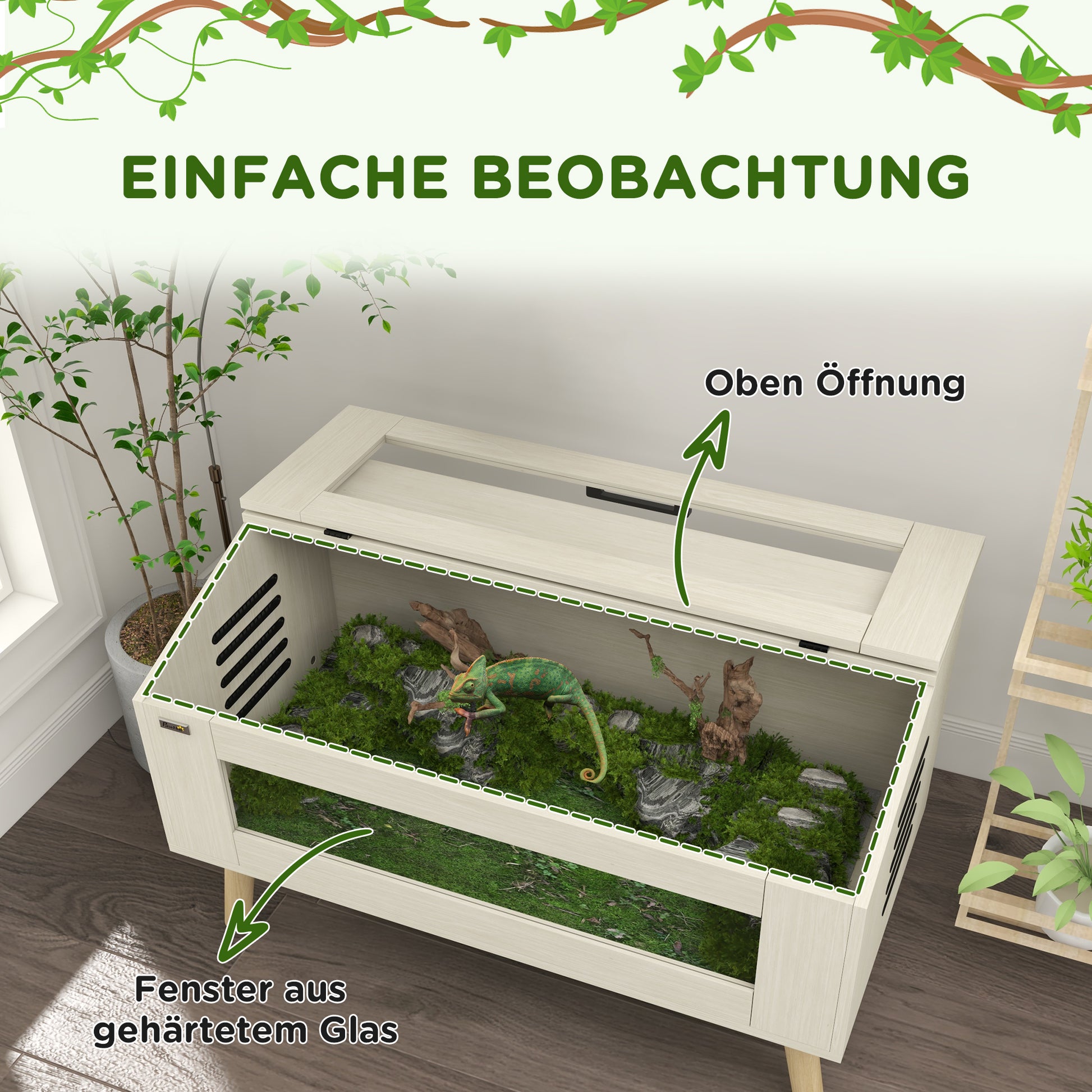 Terrarium for Reptiles, 140L Reptile Feeding Box with Tempered Glass Windows, Lid, Legs, Reptile Breeding Box for Amphibians, Spider, Oak, 100 x 50 x 60 cm