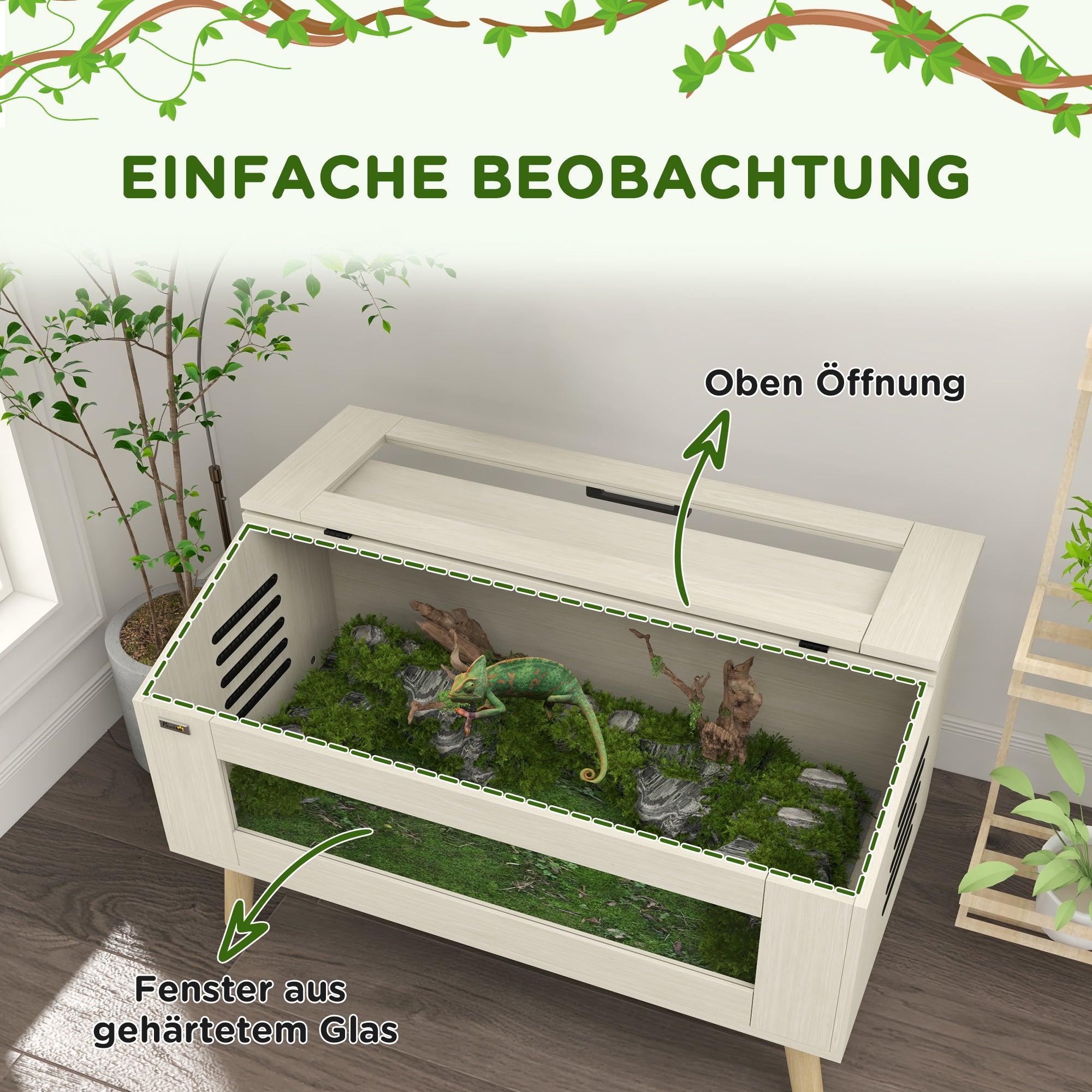 Terrarium for Reptiles, 140L Reptile Feeding Box with Tempered Glass Windows, Lid, Legs, Reptile Breeding Box for Amphibians, Spider, Oak, 100 x 50 x 60 cm