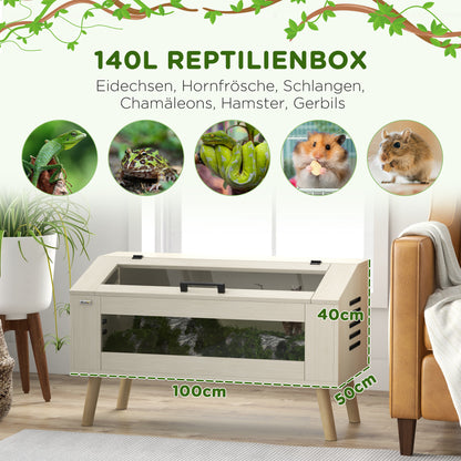 Terrarium for Reptiles, 140L Reptile Feeding Box with Tempered Glass Windows, Lid, Legs, Reptile Breeding Box for Amphibians, Spider, Oak, 100 x 50 x 60 cm