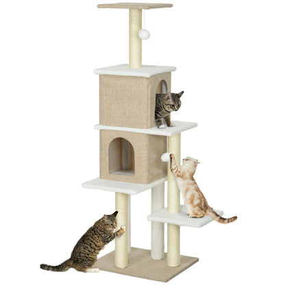 Sheepskin Cat Scratching Tree Height 140 cm Cat Tree Tower with 2 Nests Platforms Hanging Balls and Sisal Post Light Brown