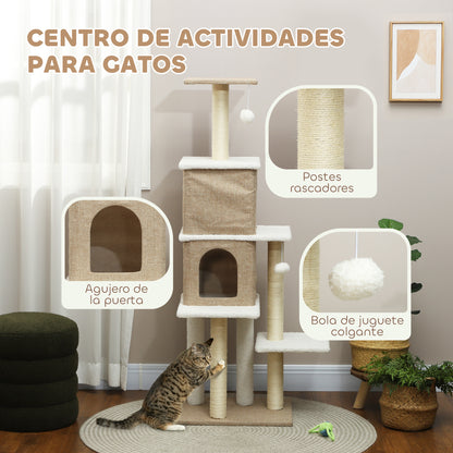 Sheepskin Cat Scratching Tree Height 140 cm Cat Tree Tower with 2 Nests Platforms Hanging Balls and Sisal Post Light Brown
