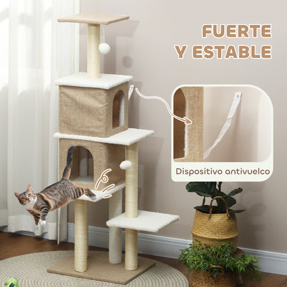 Sheepskin Cat Scratching Tree Height 140 cm Cat Tree Tower with 2 Nests Platforms Hanging Balls and Sisal Post Light Brown