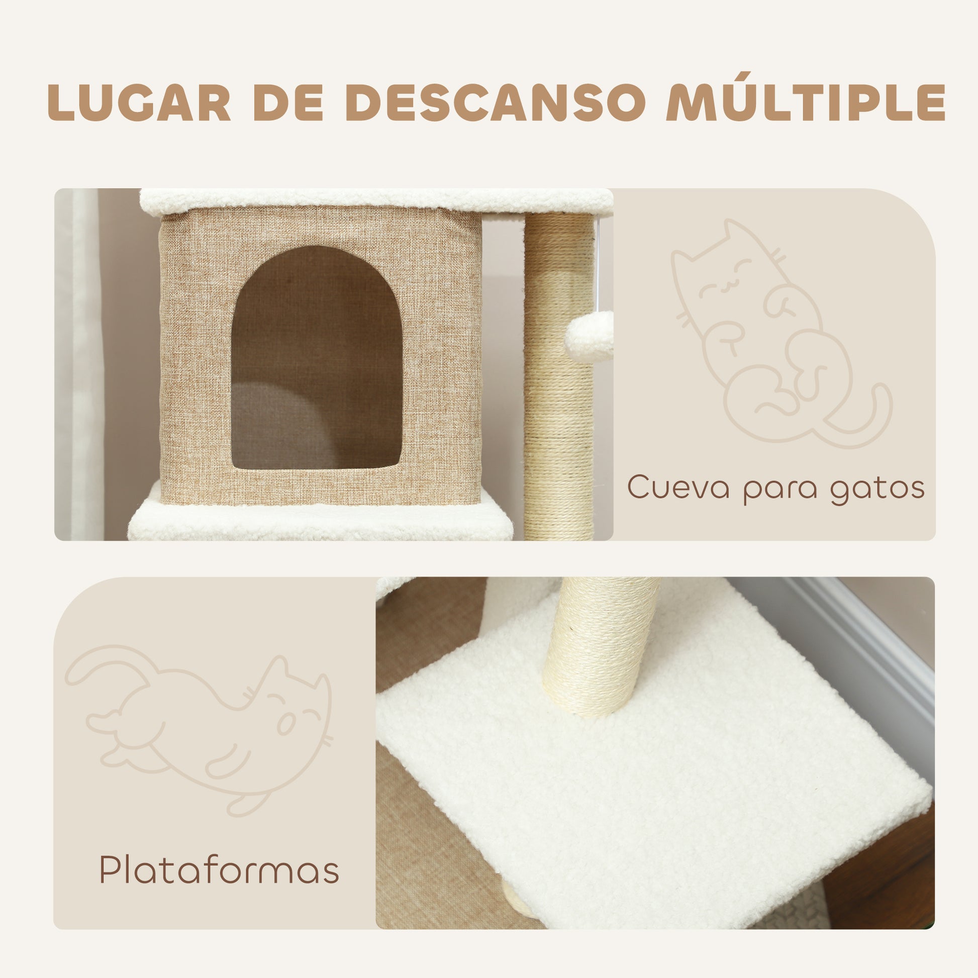 Sheepskin Cat Scratching Tree Height 140 cm Cat Tree Tower with 2 Nests Platforms Hanging Balls and Sisal Post Light Brown