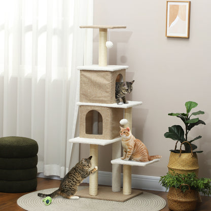 Sheepskin Cat Scratching Tree Height 140 cm Cat Tree Tower with 2 Nests Platforms Hanging Balls and Sisal Post Light Brown