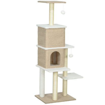 Sheepskin Cat Scratching Tree Height 140 cm Cat Tree Tower with 2 Nests Platforms Hanging Balls and Sisal Post Light Brown