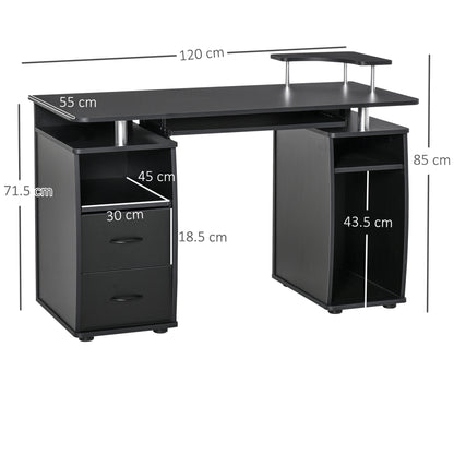 Modern Computer Desk, Office Desk in Wood with Drawers, Pull-Out Shelf, and Keyboard Tray, 120x55x85cm, Black
