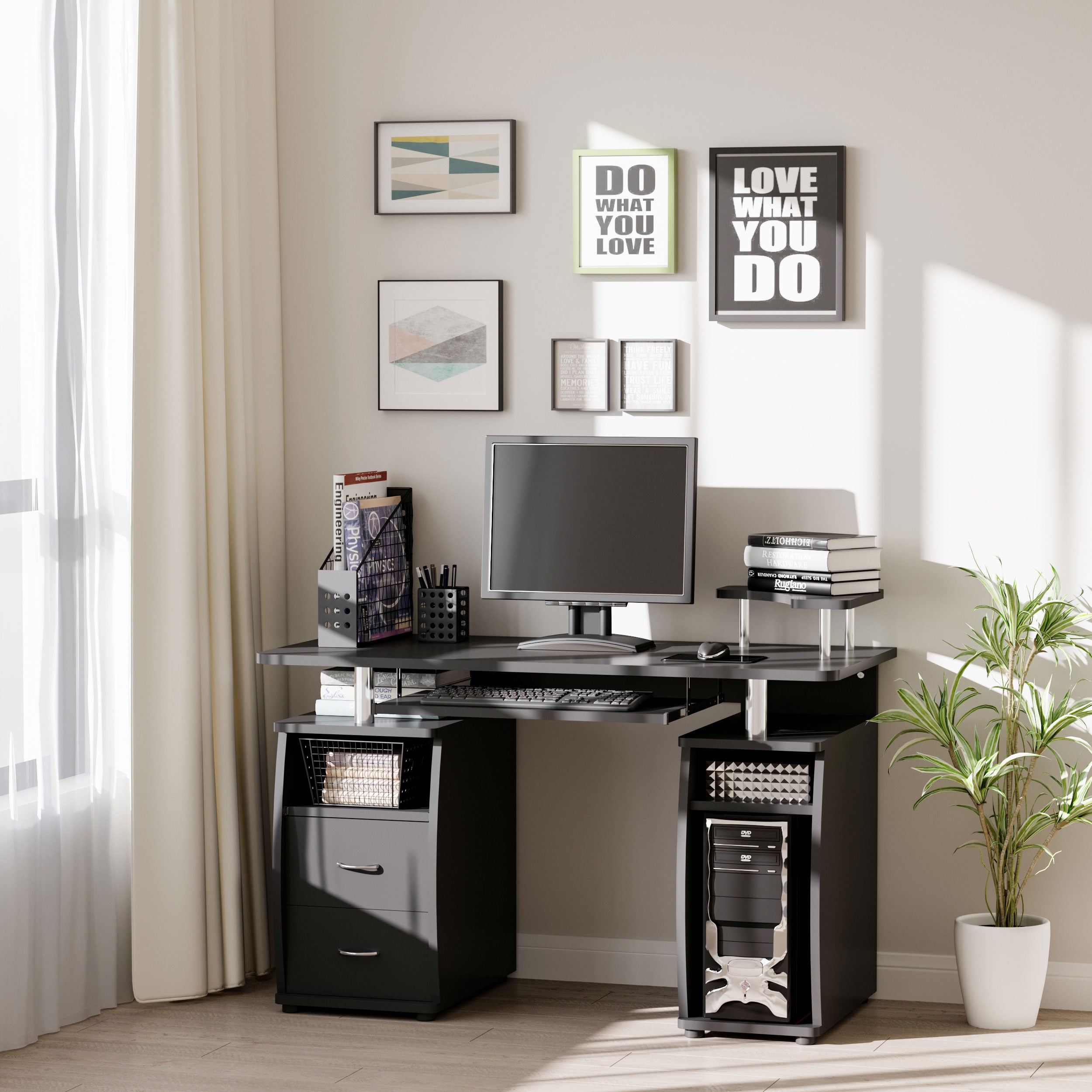 Modern Computer Desk, Office Desk in Wood with Drawers, Pull-Out Shelf, and Keyboard Tray, 120x55x85cm, Black