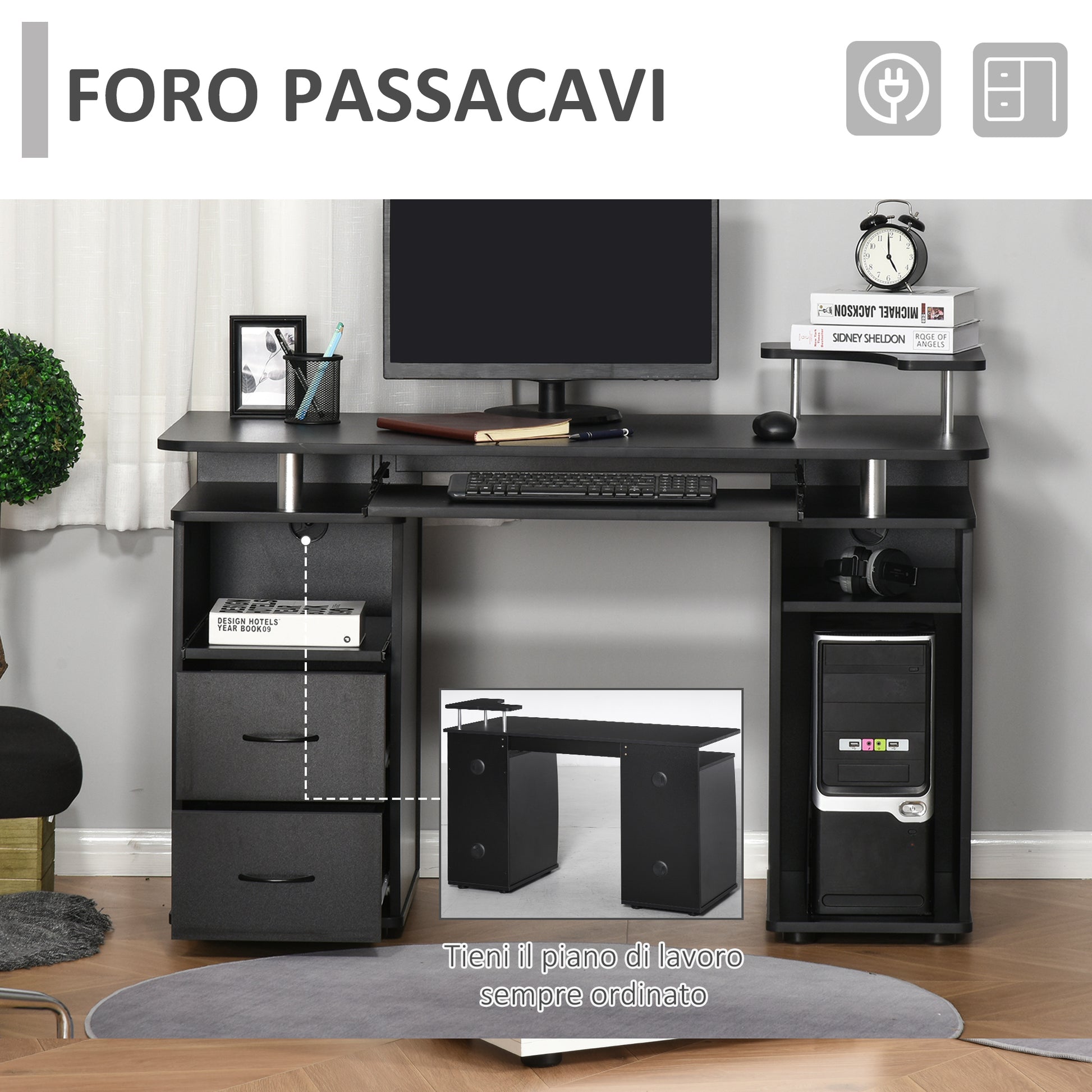 Modern Computer Desk, Office Desk in Wood with Drawers, Pull-Out Shelf, and Keyboard Tray, 120x55x85cm, Black