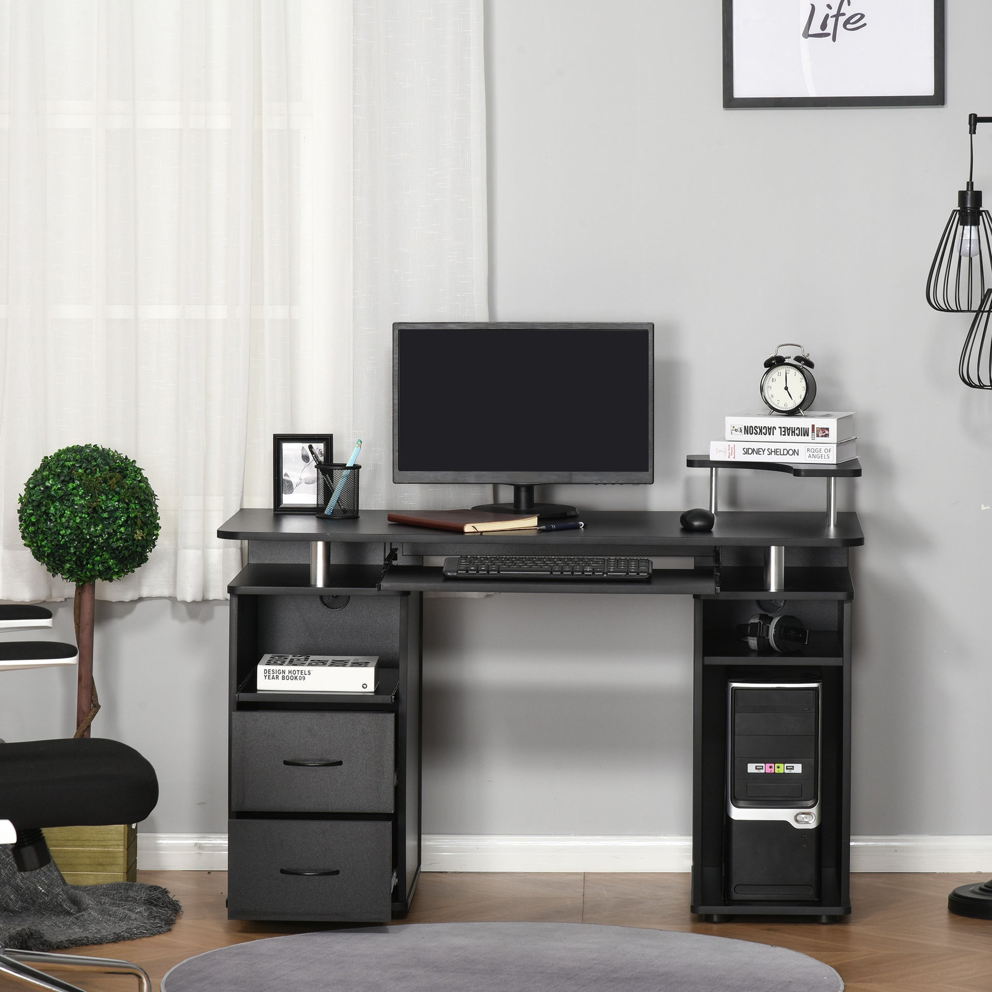 Modern Computer Desk, Office Desk in Wood with Drawers, Pull-Out Shelf, and Keyboard Tray, 120x55x85cm, Black