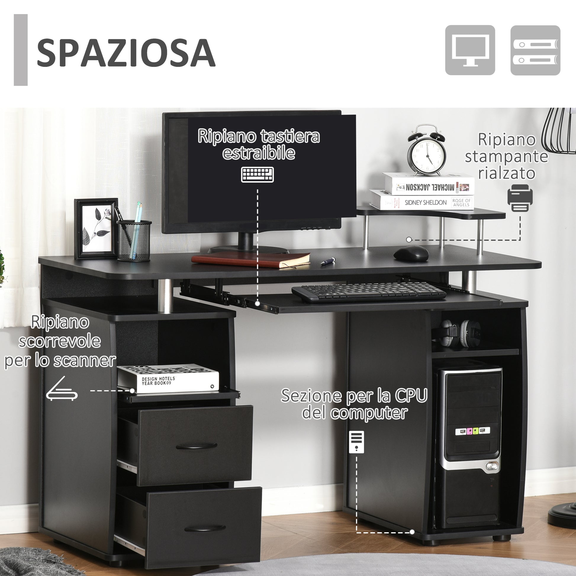 Modern Computer Desk, Office Desk in Wood with Drawers, Pull-Out Shelf, and Keyboard Tray, 120x55x85cm, Black
