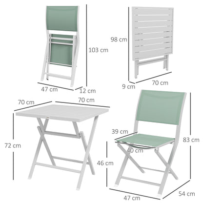 3-Piece Foldable Garden Set, Aluminum Outdoor Set with 2 Breathable Chairs 47x54x83 cm and Outdoor Table 70x70x72 cm, Green