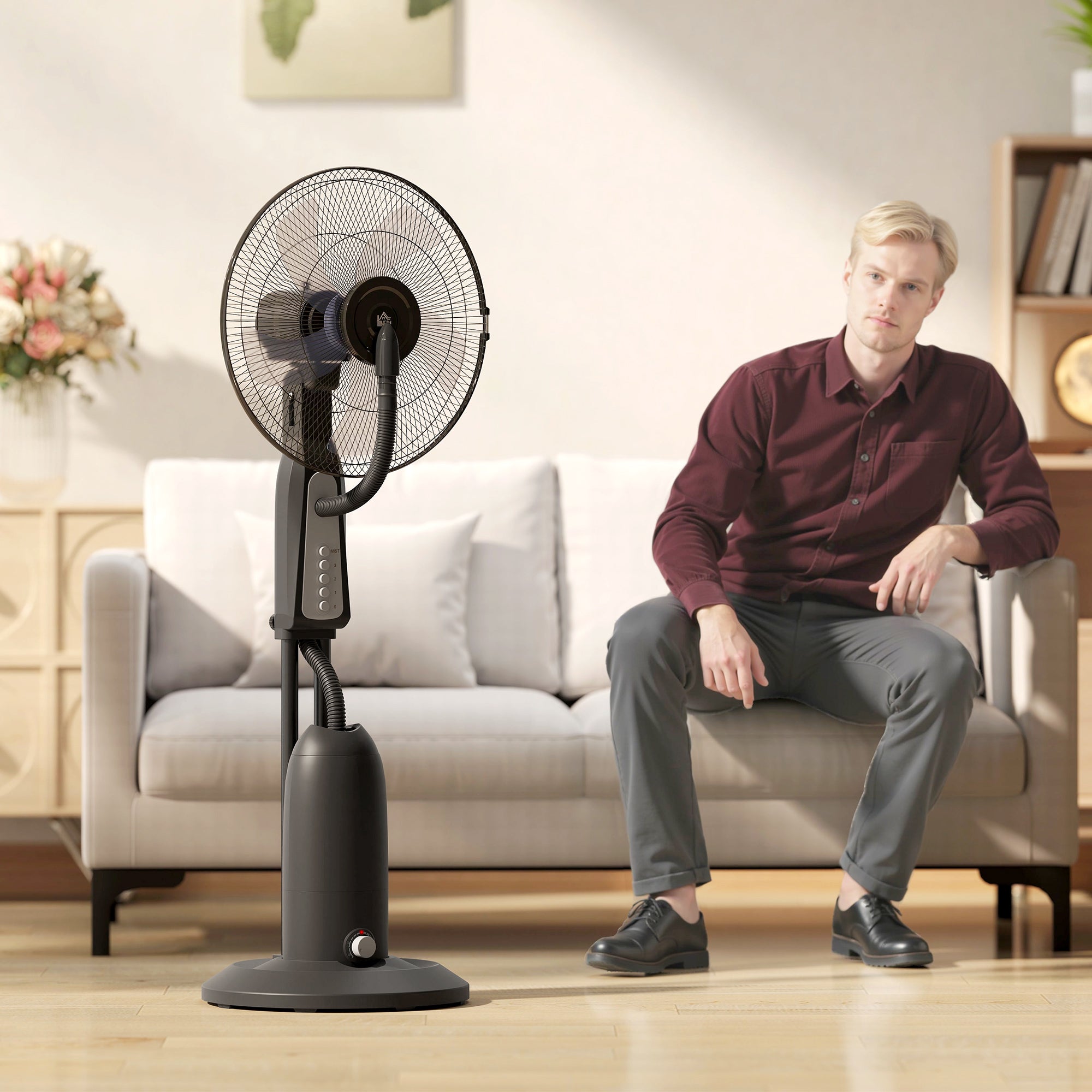 Water Cooling Fan, Stand Fan with Adjustable Spray Mist, 3 Speeds, 3L Water Tank, 75° Oscillating, 90W Water Fan with Wheels, 125cm