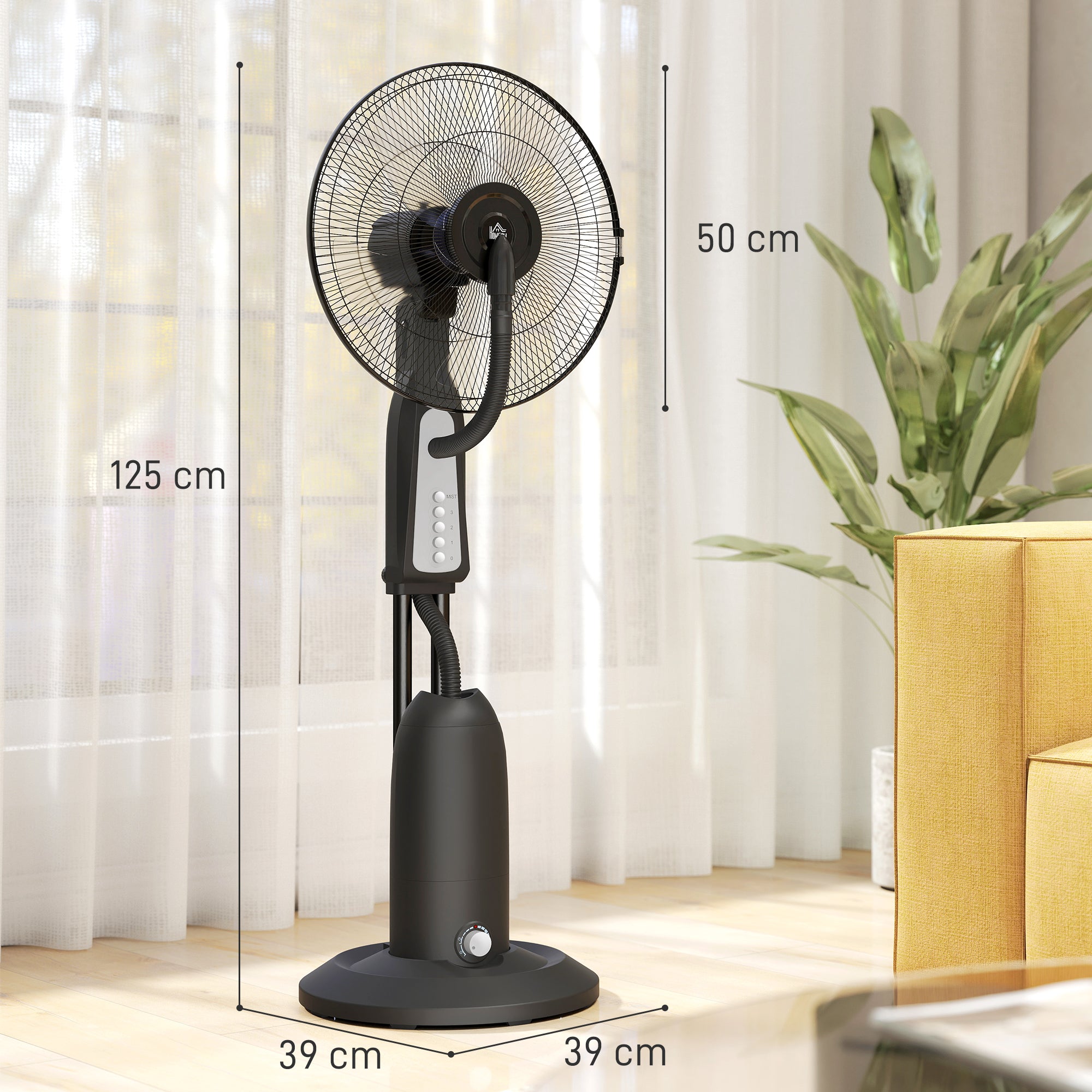 Water Cooling Fan, Stand Fan with Adjustable Spray Mist, 3 Speeds, 3L Water Tank, 75° Oscillating, 90W Water Fan with Wheels, 125cm