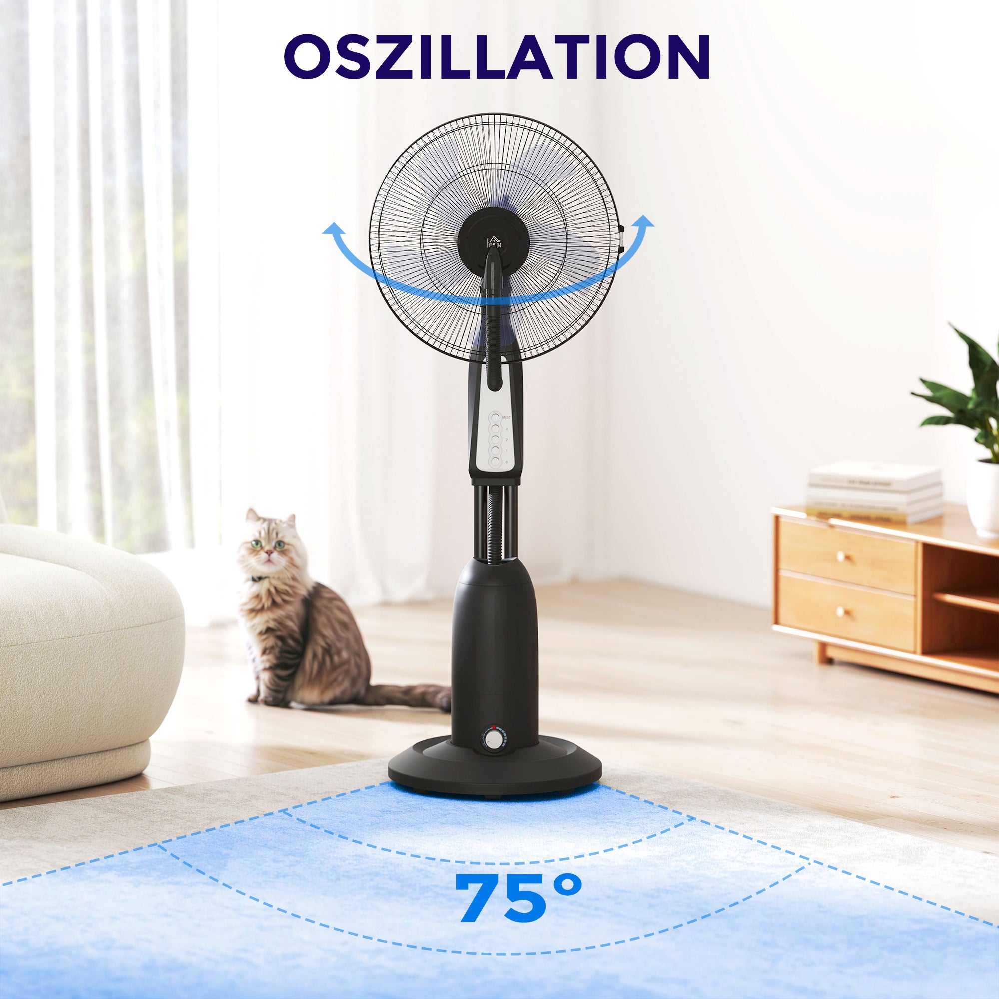 Water Cooling Fan, Stand Fan with Adjustable Spray Mist, 3 Speeds, 3L Water Tank, 75° Oscillating, 90W Water Fan with Wheels, 125cm
