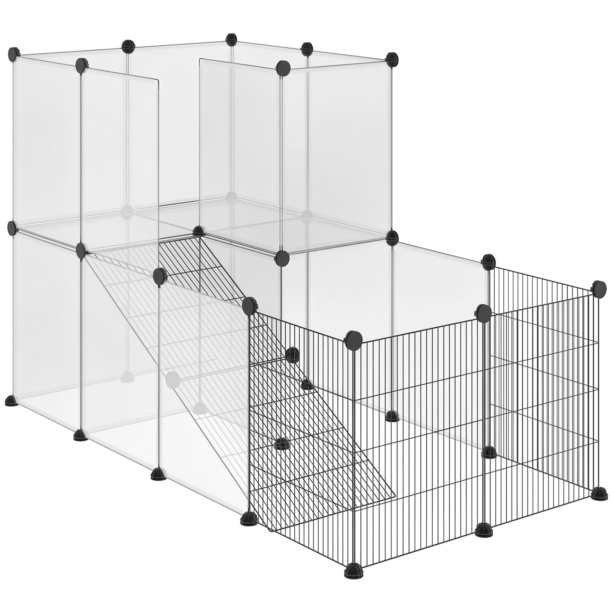 Small Animal Cage Pet Playpen with 27 Panels and Customizable Shape for Guinea Pigs Rabbits Chinchillas 140x70x90 cm Transparent