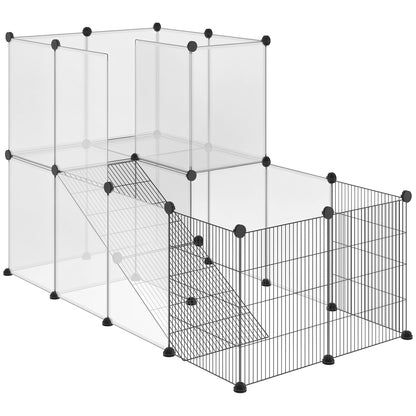 Small Animal Cage Pet Playpen with 27 Panels and Customizable Shape for Guinea Pigs Rabbits Chinchillas 140x70x90 cm Transparent