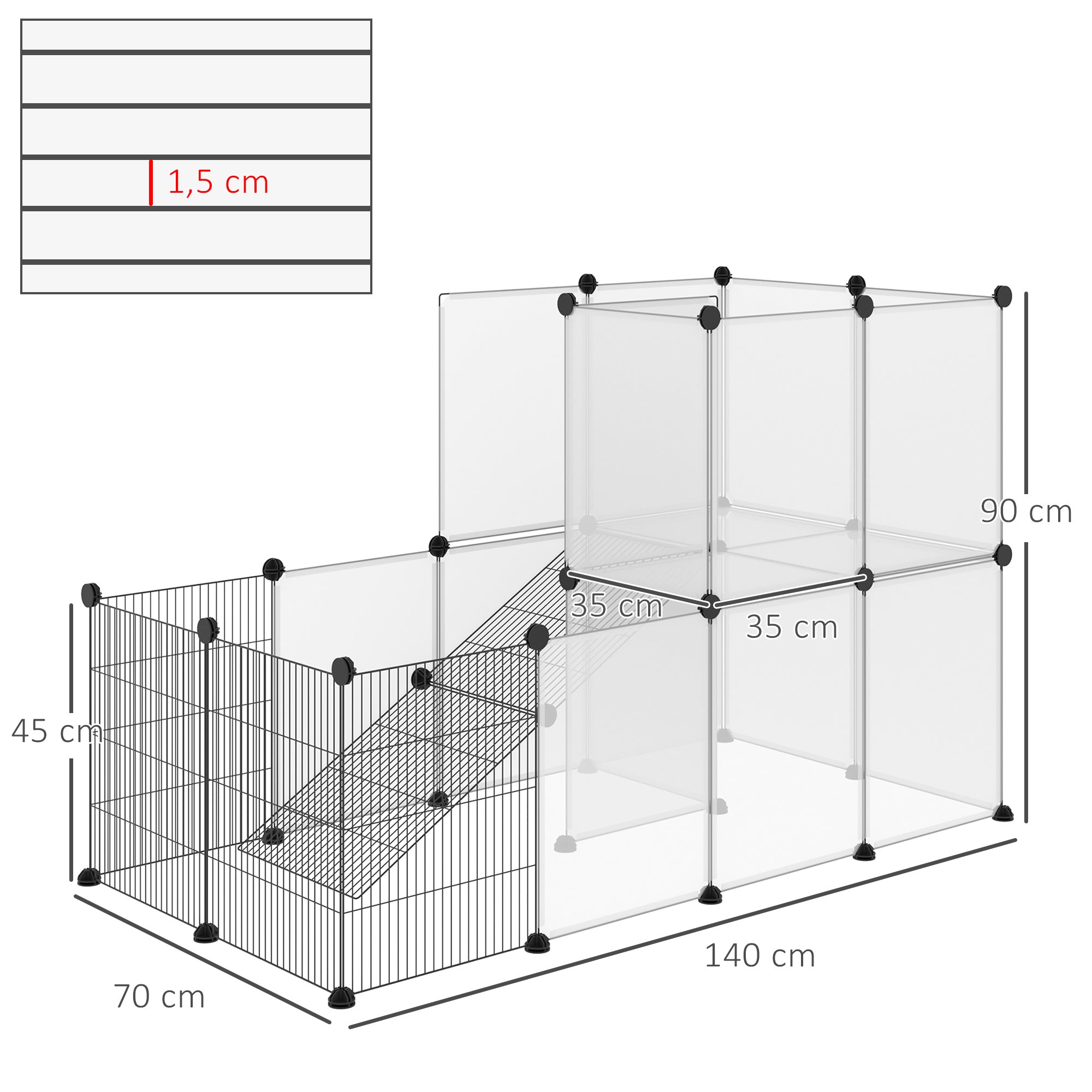 Small Animal Cage Pet Playpen with 27 Panels and Customizable Shape for Guinea Pigs Rabbits Chinchillas 140x70x90 cm Transparent
