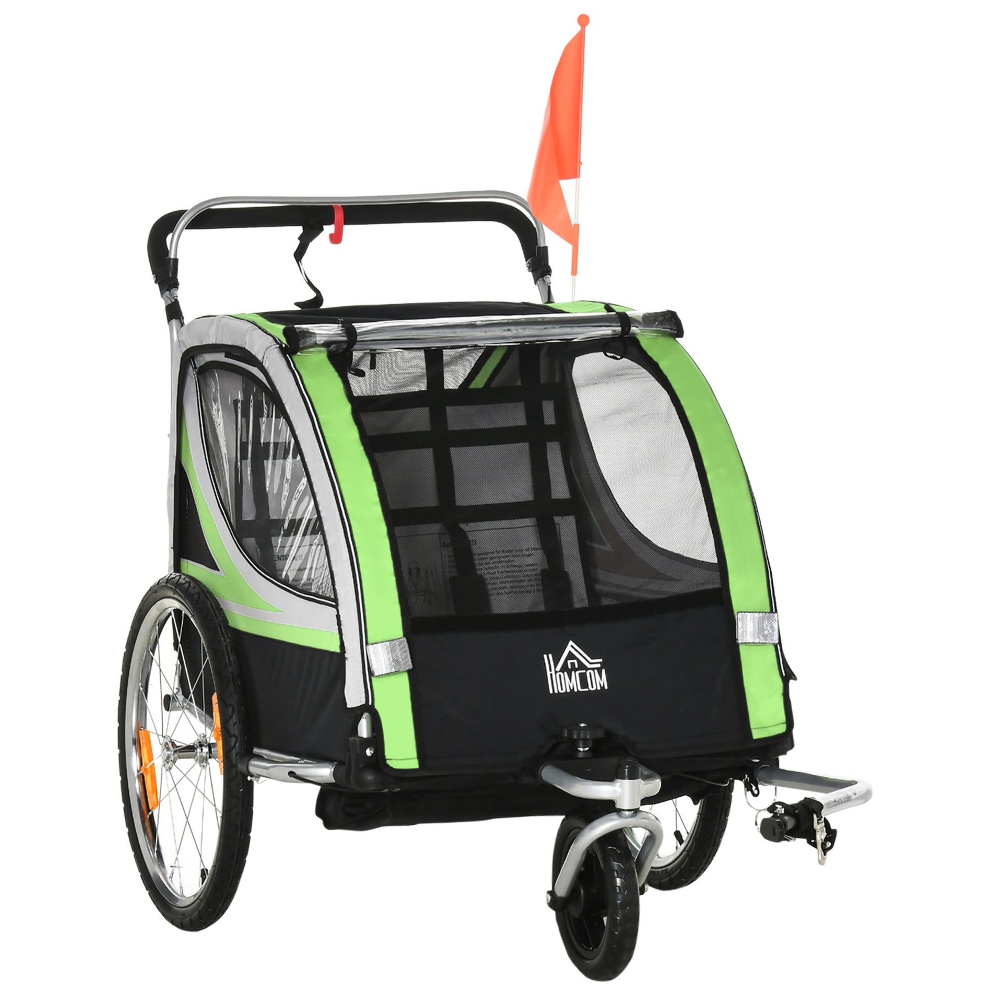 2 in 1 folding child trailer bike trailer with detachable front wheel, rear brakes, child bike trailer for 2 children from 18 months, up to 26.4 kg load-bearing capacity, Green