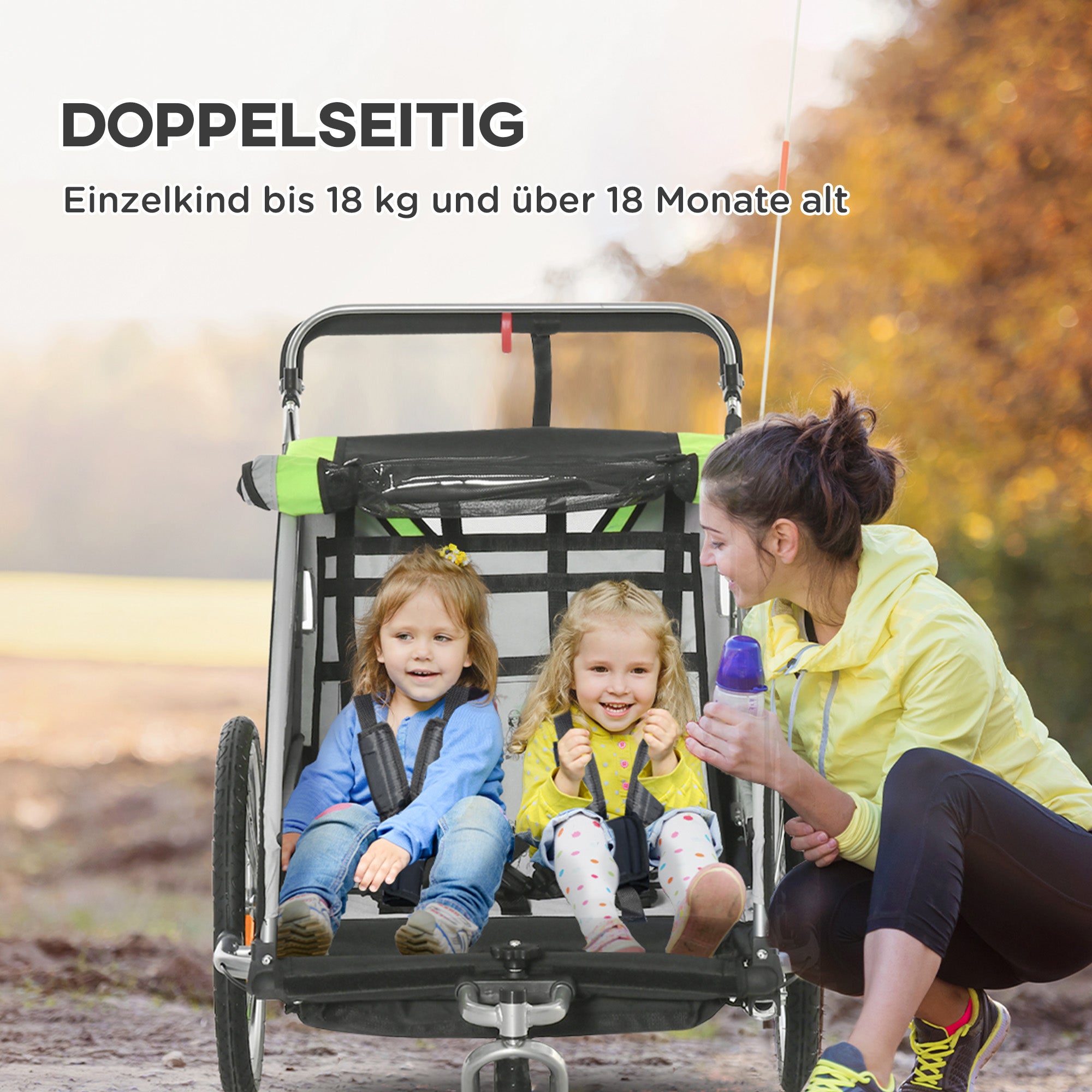 2 in 1 folding child trailer bike trailer with detachable front wheel, rear brakes, child bike trailer for 2 children from 18 months, up to 26.4 kg load-bearing capacity, Green