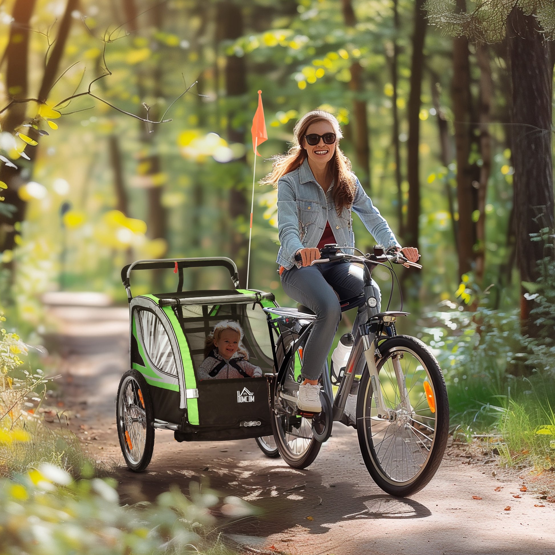 2 in 1 folding child trailer bike trailer with detachable front wheel, rear brakes, child bike trailer for 2 children from 18 months, up to 26.4 kg load-bearing capacity, Green