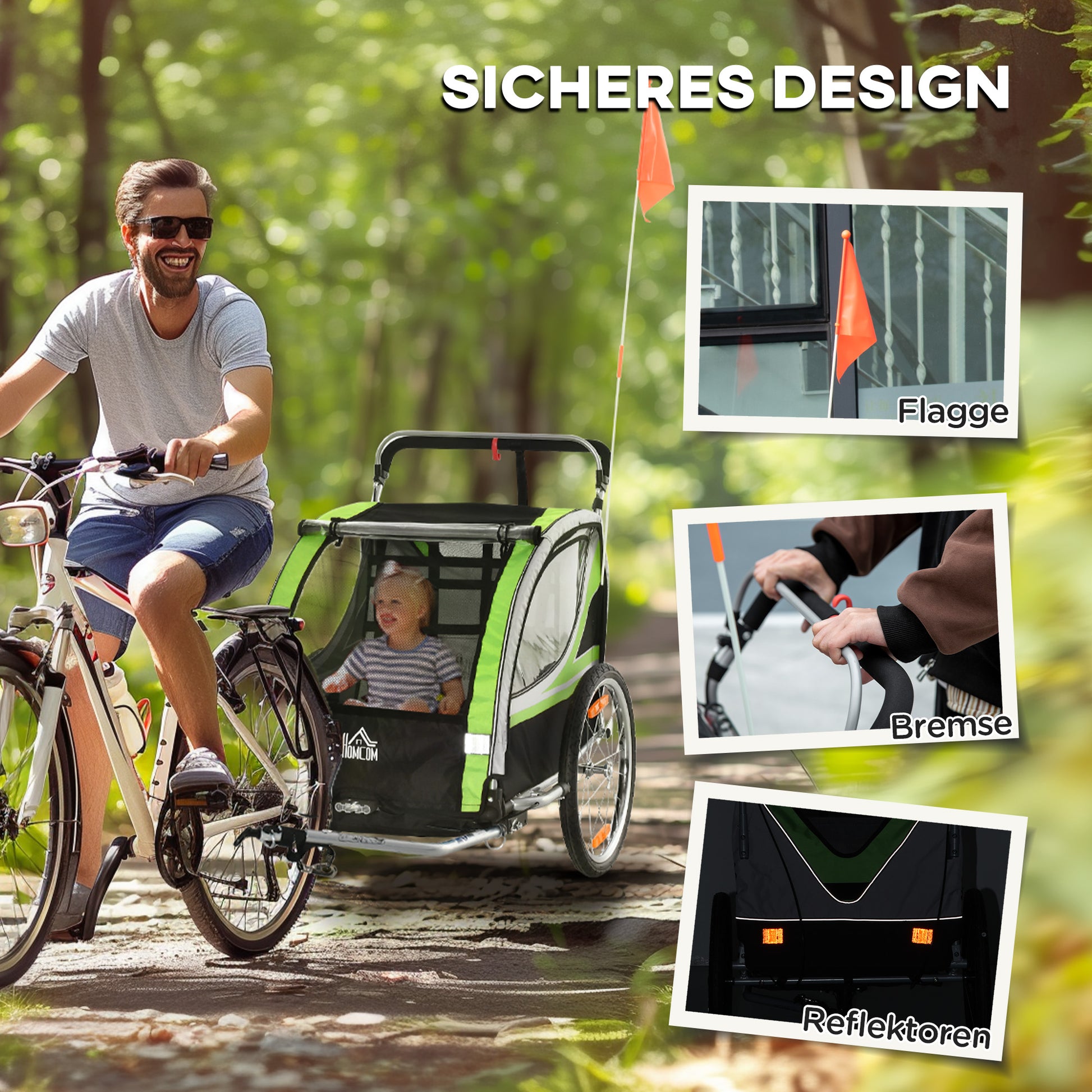 2 in 1 folding child trailer bike trailer with detachable front wheel, rear brakes, child bike trailer for 2 children from 18 months, up to 26.4 kg load-bearing capacity, Green