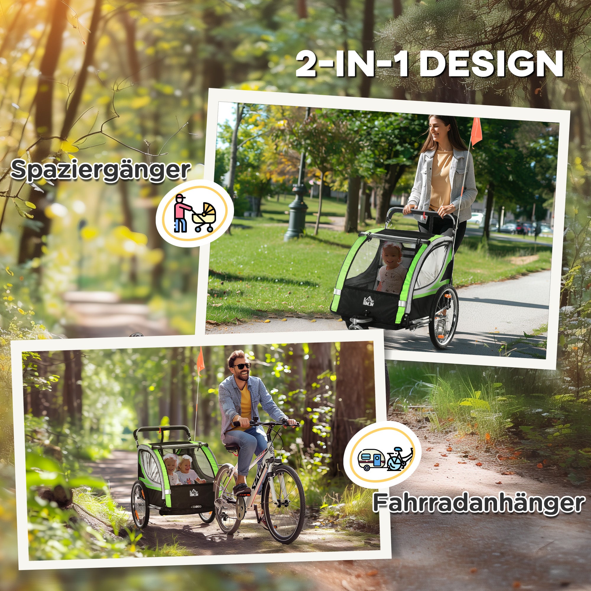 2 in 1 folding child trailer bike trailer with detachable front wheel, rear brakes, child bike trailer for 2 children from 18 months, up to 26.4 kg load-bearing capacity, Green