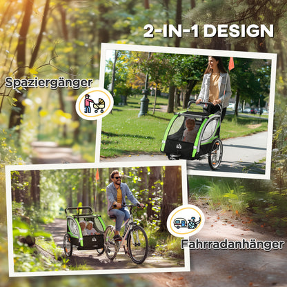 2 in 1 folding child trailer bike trailer with detachable front wheel, rear brakes, child bike trailer for 2 children from 18 months, up to 26.4 kg load-bearing capacity, Green