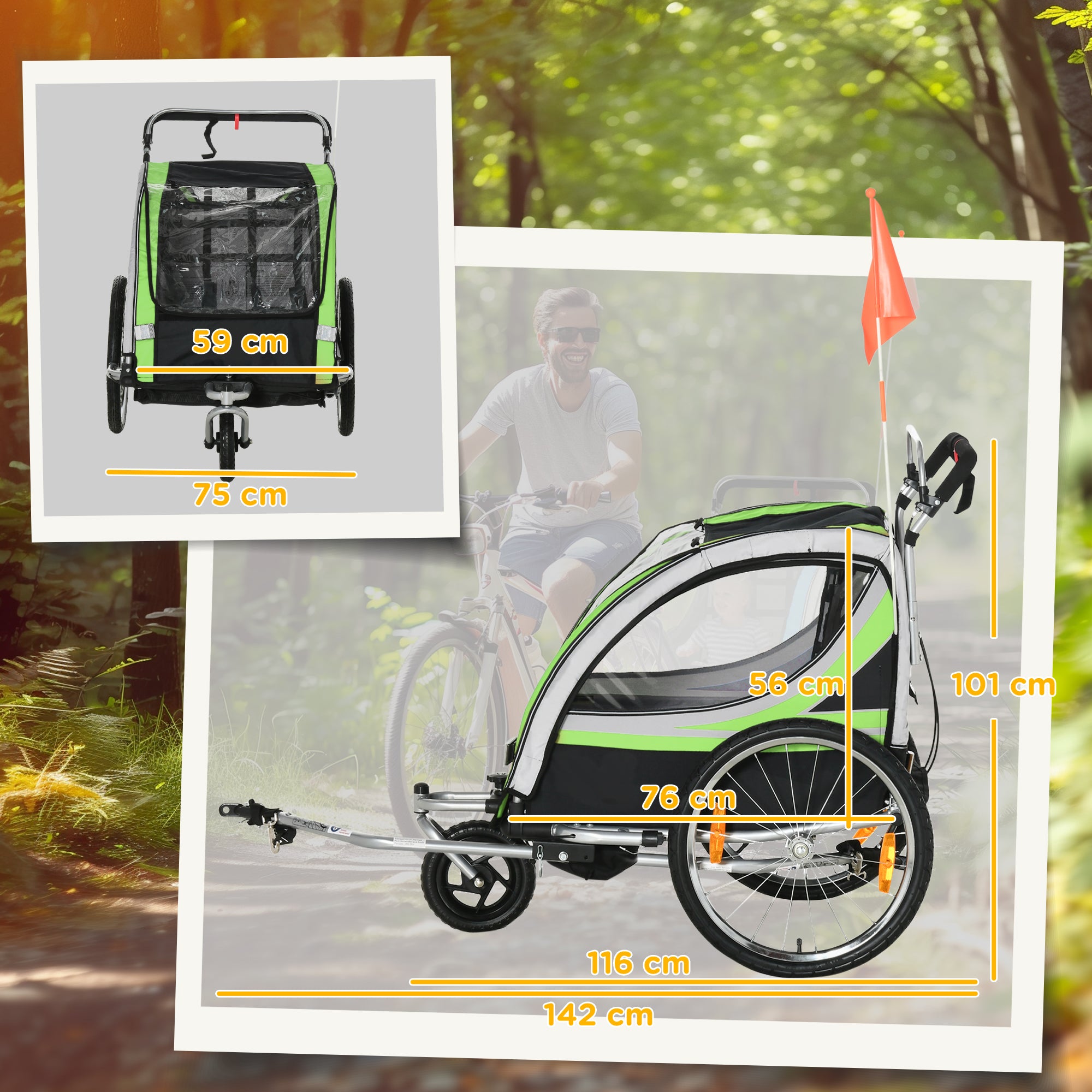 2 in 1 folding child trailer bike trailer with detachable front wheel, rear brakes, child bike trailer for 2 children from 18 months, up to 26.4 kg load-bearing capacity, Green