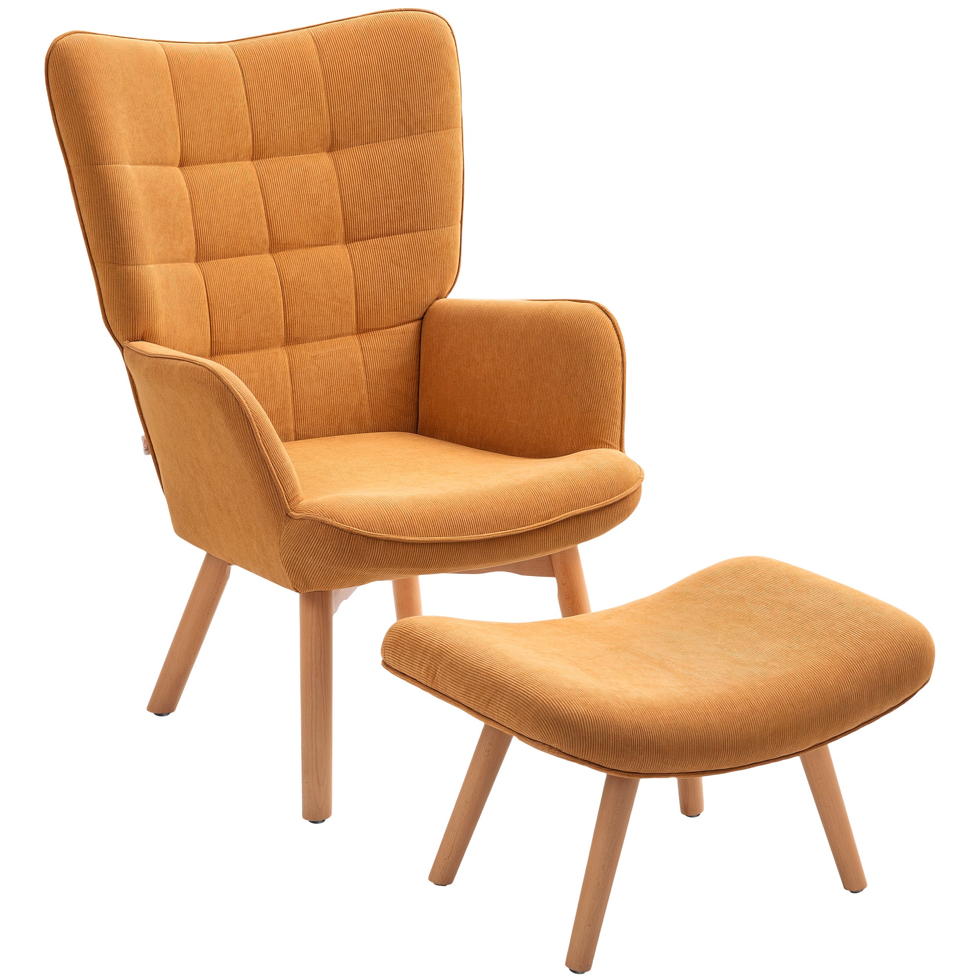 Armchair with Footstool, High Back Wingback Chair, Wooden Legs, Lounge Chair with Tufted Design, Corduroy Look, for Living Room, Brown