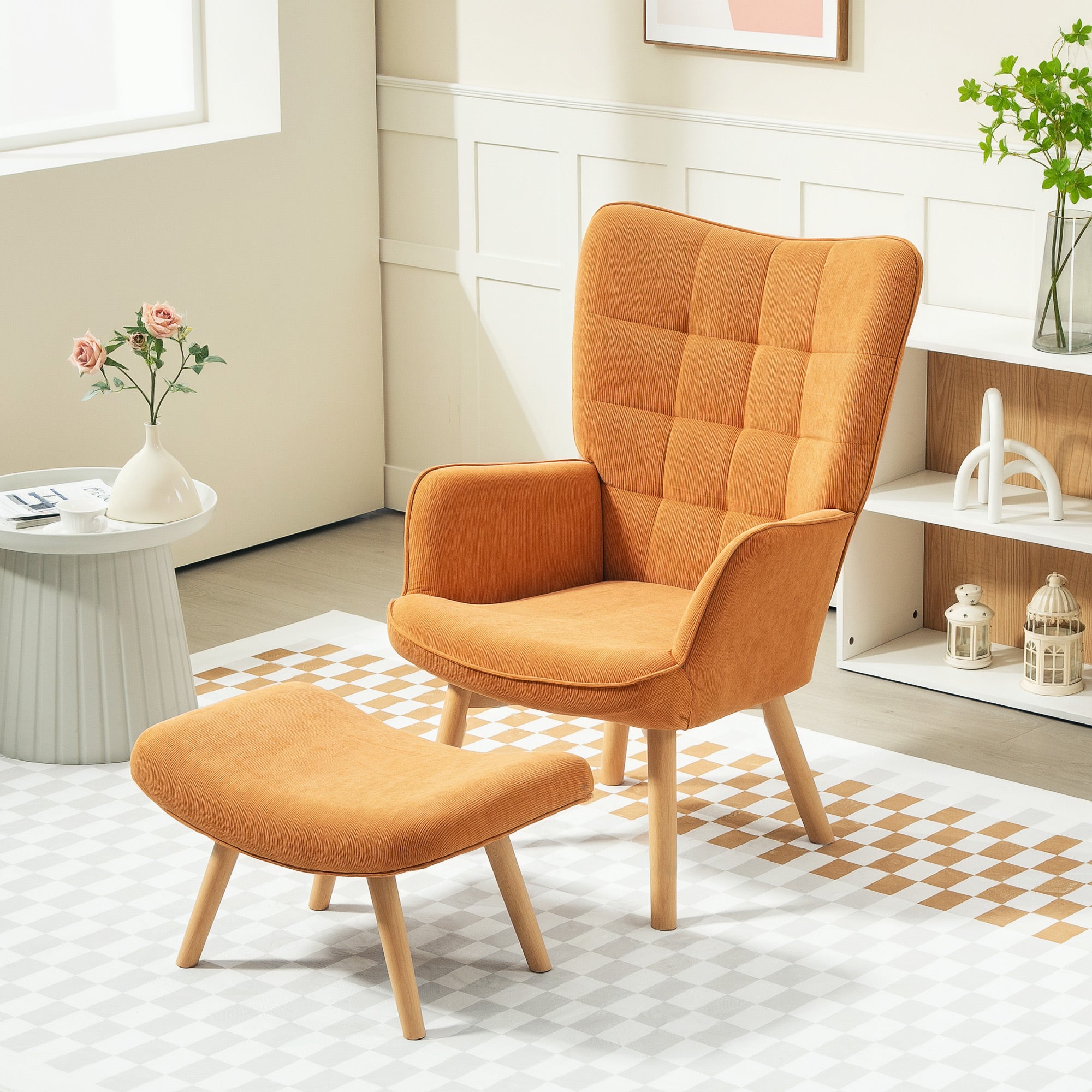 Armchair with Footstool, High Back Wingback Chair, Wooden Legs, Lounge Chair with Tufted Design, Corduroy Look, for Living Room, Brown