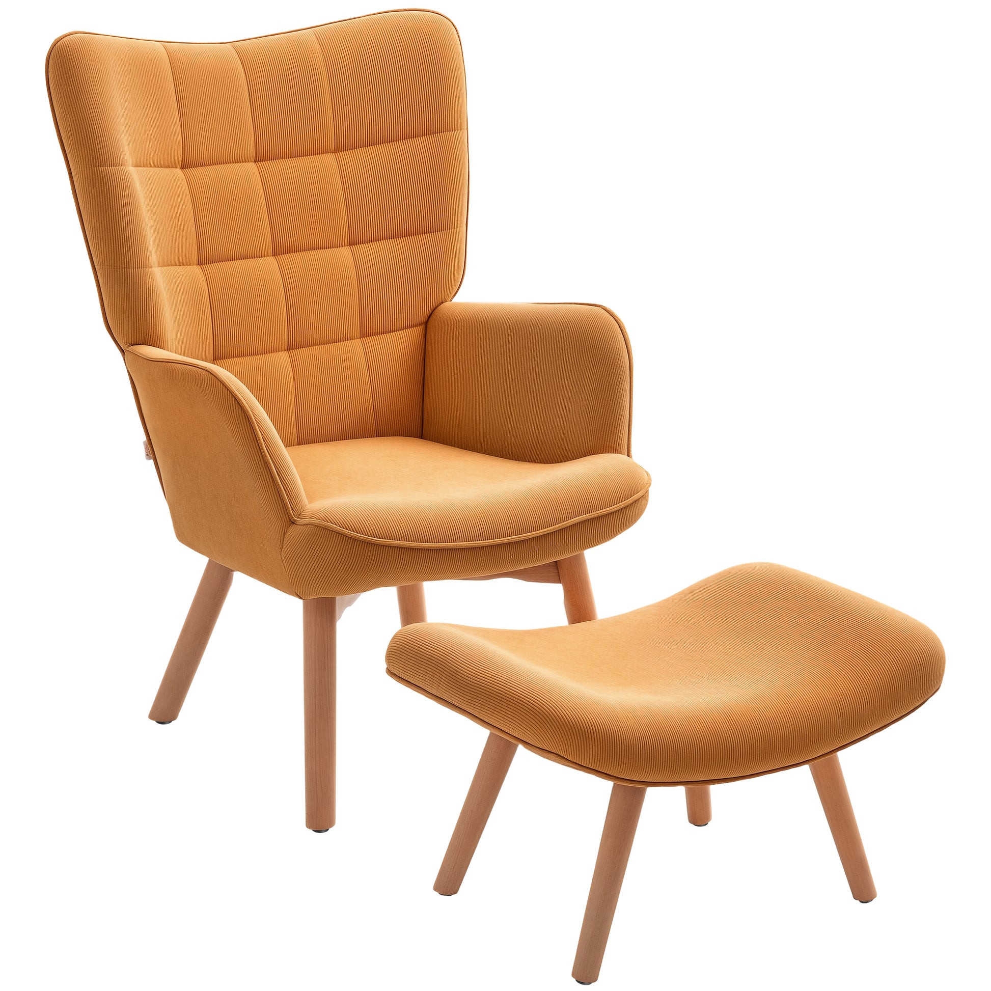 Armchair with Footstool, High Back Wingback Chair, Wooden Legs, Lounge Chair with Tufted Design, Corduroy Look, for Living Room, Brown