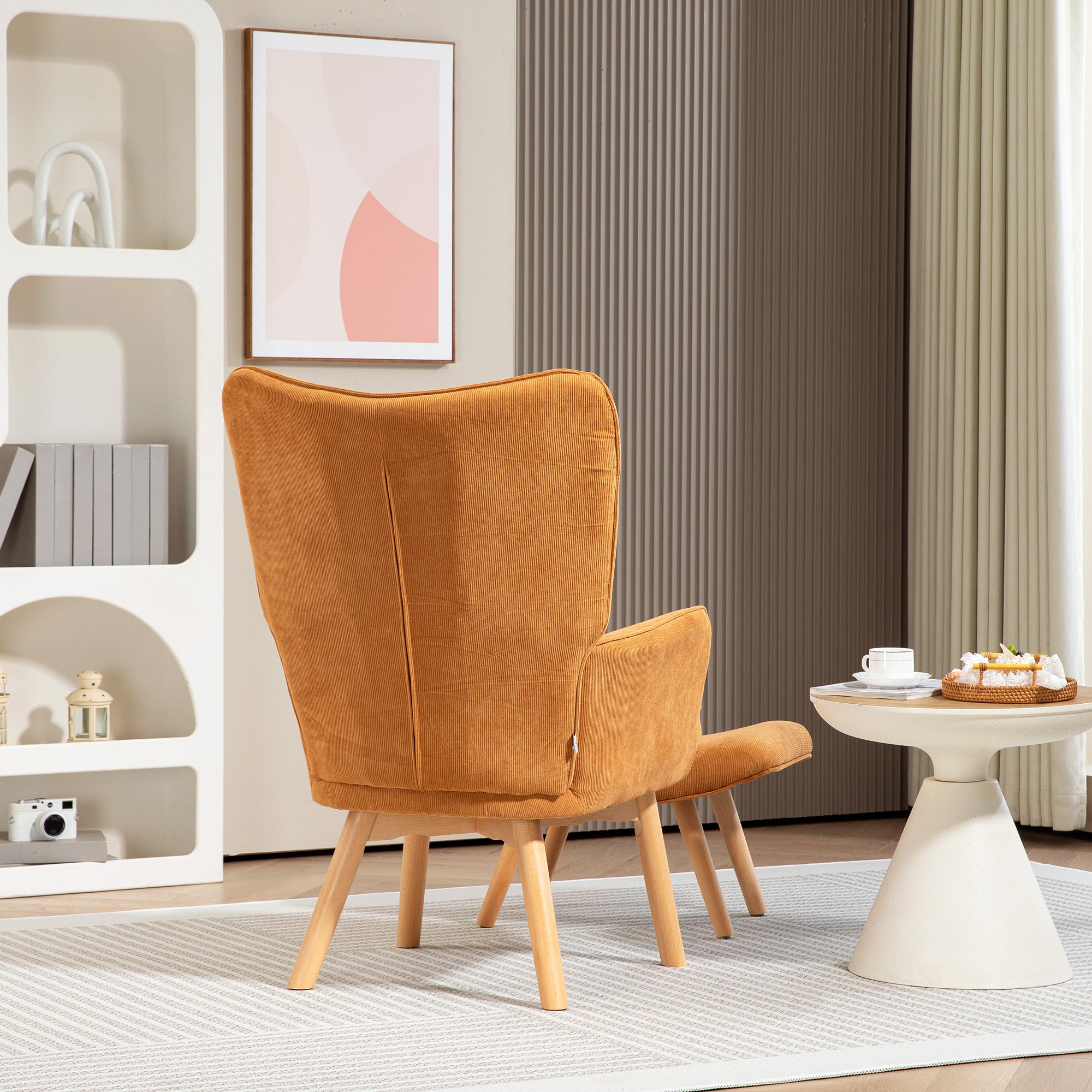 Armchair with Footstool, High Back Wingback Chair, Wooden Legs, Lounge Chair with Tufted Design, Corduroy Look, for Living Room, Brown