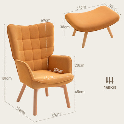 Armchair with Footstool, High Back Wingback Chair, Wooden Legs, Lounge Chair with Tufted Design, Corduroy Look, for Living Room, Brown